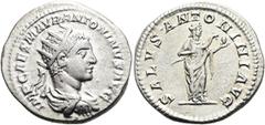 RÖMER RÖMISCHE KAISERZEIT. Elagabal, 218 - 222 n. Chr. Antoninian ø 23mm (4,70g). Mzst. Rom. Vs.: IMP CAES M AVR ANTONINVS AVG, drapierte Panzerbüste mit Strahlenkrone n. r. Rs.: SALVS ANTONINI AVG, S