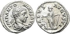 RÖMER RÖMISCHE KAISERZEIT. Elagabal, 218 - 222 n. Chr. Denar ø 19mm (3,27g). 219 - 220 n. Chr. Mzst. Rom. Vs.: IMP ANTO-NINVS AVG, drapierte Büste mit Lorbeerkranz n. r. Rs.: SALVS AVGVSTI, Salus mit 