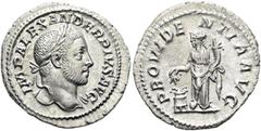 RÖMER RÖMISCHE KAISERZEIT. Severus Alexander, 222 - 235 n. Chr. Denar ø 20mm (2,81g). 232 n. Chr. Mzst. Rom. Vs.: IMP ALEXANDER PIVS AVG, Büste mit Lorbeerkranz u. Gewand auf l. Schulter n. r. Rs.: PR