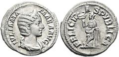 RÖMER RÖMISCHE KAISERZEIT. Iulia Mamaea, 222 - 235 n. Chr. Denar ø 20mm (2,90g). 228 n. Chr. Mzst. Rom. Vs.: IVLIA MA-MAEA AVG, drapierte Büste mit Stephane n. r. Rs.: FELICIT-A-S PVBLICA, Felicitas m