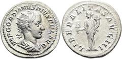 RÖMER RÖMISCHE KAISERZEIT. Gordian III., 238 - 244 n. Chr. Antoninian ø 23mm (4,42g). 240 n. Chr. Mzst. Rom. Vs.: IMP GORDIANVS PIVS FEL AVG, drapierte Panzerbüste mit Strahlenkrone n. r. Rs.: LIBERAL