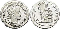 RÖMER RÖMISCHE KAISERZEIT. Gordian III., 238 - 244 n. Chr. Antoninian ø 22mm (3,58g). 241 - 243 n. Chr. Mzst. Rom. Vs.: IMP GORDIANVS PIVS FEL AVG, drapierte Panzerbüste mit Strahlenkrone n. r. Rs.: P