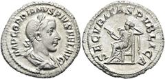 RÖMER RÖMISCHE KAISERZEIT. Gordian III., 238 - 244 n. Chr. Denar ø 20mm (2,90g). Sommer 241 n. Chr. Mzst. Rom. Vs.: IMP GORDIANVS PIVS FEL AVG, drapierte Panzerbüste mit Lorbeerkanz n. r. Rs.: SECVRIT
