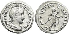 RÖMER RÖMISCHE KAISERZEIT. Gordian III., 238 - 244 n. Chr. Denar ø 20mm (3,30g). 241 - 243 n. Chr. Mzst. Rom. Vs.: IMP GORDIANVS PIVS FEL AVG, drapierte Panzerbüste mit Lorbeerkranz n. r. Rs.: P M TR 