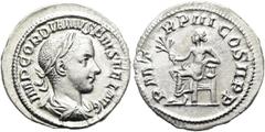 RÖMER RÖMISCHE KAISERZEIT. Gordian III., 238 - 244 n. Chr. Denar ø 20mm (2,93g). 241 - 243 n. Chr. Mzst. Rom. Vs.: IMP GORDIANVS PIVS FEL AVG, drapierte Panzerbüste mit Lorbeerkranz n. r. Rs.: P M TR 