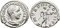 RÖMER RÖMISCHE KAISERZEIT. Gordian III., 238 - 244 n. Chr. Denar ø 20mm (2,76g). 241 - 243 n. Chr. Mzst. Rom. Vs.: IMP GORDIANVS PIVS FEL AVG, drapierte Panzerbüste mit Lorbeerkranz n. r. Rs.: P M TR 