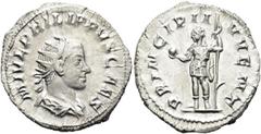 RÖMER RÖMISCHE KAISERZEIT. Philipp II. als Caesar, 244 - 247 n. Chr. Antoninian ø 23mm (4,00g). 244 - 246 n. Chr. Mzst. Rom. Vs.: M IVL PHILIPPVS CAES, drapierte Panzerbüste mit Strahlenkrone n. r. Rs