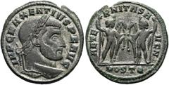 RÖMER RÖMISCHE KAISERZEIT. Maxentius, 306 - 312 n. Chr. AE Follis ø 27mm (6,90g). 309 - 310 n. Chr. Mzst. Ostia. Vs.: IMP C MAXENTIVS P F AVG, Kopf mit Lorbeerkranz n. r. Rs.: AETE-RNITAS A-VG N / M O