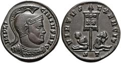 RÖMER RÖMISCHE KAISERZEIT. Licinius I., 308 - 324 n. Chr. AE Follis ø 19mm (2,77g). 319 - 320 n. Chr. Mzst. Ticinum. Vs.: IMP LI-CINIVS AVG, drapierte Panzerbüste mit Helm n. r. Rs.: VIRTVS EXERCIT / 