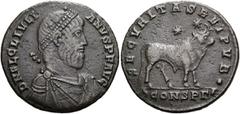 RÖMER RÖMISCHE KAISERZEIT. Julian II., 360 - 363 n. Chr. AE Doppelmaiorina ø 27mm (8,37g). Mzst. Konstantinopel. Vs.: D N FL CL IVLI-ANVS P F AVG, drapierte Panzerbüste mit Perlendiadem n. r. Rs.: SEC