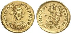 RÖMISCHE KAISERZEIT Theodosius II., 408 - 450 n. Chr. Solidus (4,43g). 408 - 410 n. Chr. Mzst. Thessaloniki. Vs.: D N THEODO-SIVS P F AVG, frontale Panzerbüste, Kopf leicht n. r, mit Helm, Perlendiade