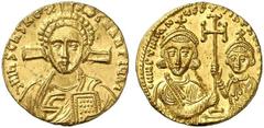 Justinianus II., 2. Regierung, 705 - 711 n. Chr. Solidus (4,47g). Mzst. Konstantinopel. Vs.: d N IhS ChS REX REGNANTIVM, frontale Christusbüste mit Kodex vor Kreuz. Rs.: D (= retr.) N IVSTINIAN-VS ET 