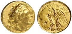 ÄGYPTEN KÖNIGREICH DER PTOLEMÄER. Ptolemaios I., 305 - 282 v.Chr. Gold-Hemidrachme (1,76g). Mzst. Alexandria. Vs.: Büste des Ptolemaios I. mit Diadem n. r. Rs.: PTOLEMAIOU BASILEWS, Adler steht auf Bl