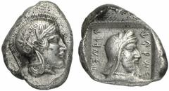 LYKIEN Kherei Stater 440 / 410 v. Chr. Xanthos. 8.36 g. Vs.: Kopf der Athena mit attischem Helm r. Rs.: "kherei / arnahe", Kopf des Dynasten mit persischer Kyrbasia r. in quadratischem vertieftem Feld