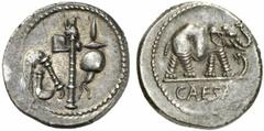 C. Iulius Caesar C. Iulius Caesar, 49 - 48 v. Chr. Denar im Feld. 3.72 g. Vs.: Von l. nach r. Culullus, Aspergillum, Securis u. Apex-Mütze. Rs.: CAESAR, Elefant n. r. trampelt einen Drachen nieder. Cr