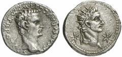 Caligula Caligula, 37 - 41 n. Chr. Denar 37 n. Chr. Lugdunum. 3.49 g. Vs.: C CAESAR AVG GERM P M TR POT COS, Kopf des Caligula n. r. Rs.: Augustus mit Strahlenkrone n.r. zwischen zwei Sternen. RIC 2; 