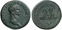 Claudius Claudius, 41 - 54 n. Chr. Sesterz 41 - 42 n. Chr. Rom. 27.12 g. Vs.: TI CLAVDIVS CAESAR AVG P M TR P IMP, Kopf mit Lorbeerkranz n. r. Rs.: EX SC / OB / CIVES / SERVATOS in Eichenlaubkranz. RI