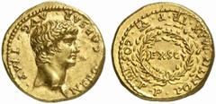 Nero Nero, 54 - 68 n. Chr. Aureus 60 n. Chr. Lugdunum. 7.70 g. Vs.: NERO CAESAR AVG IMP, Kopf n. r. Rs.: PONTIF MAX TR P VI COS IIII P P, darin Eichenlaubkranz u. EX S C. RIC 19; C. 213; BMC 21; Mac D