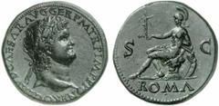 Nero Nero, 54 - 68 n. Chr. Sesterz 65 n. Chr. Lugdunum. 21.52 g. Vs.: NERO CLAVD CAESAR AVG GER P M TR P IMP P P, Kopf mit Lorbeerkranz u. Globus n. r. Rs.: ROMA / S - C, Roma mit Viktoria u. Parazoni