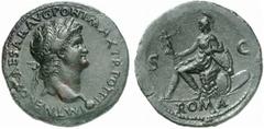 Nero Nero, 54 - 68 n. Chr. Sesterz 66 n. Chr. Lugdunum. 21.44 g. Vs.: IMP NERO CAESAR AVG PONT MAX TR POT P P, Kopf mit Lorbeerkranz u. Globus n. r. Rs.: ROMA / S - C, Roma mit Viktoria u. Parazonium 