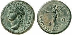 Nero Nero, 54 - 68 n. Chr. Dupondius 66 n. Chr. Lugdunum. 13.53 g. Vs.: IMP NERO CAESAR AVG P MAX TR P P P, Kopf mit Lorbeerkranz u. Globus n. l. Rs.: VICTORIA AVG-VSTI / S - C, Viktoria mit Kranz u. 