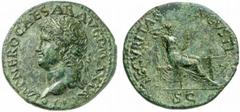 Nero Nero, 54 - 68 n. Chr. Dupondius 67 n. Chr. Lugdunum. 10.72 g. Vs.: IMP NERO CAESAR AVG P MAX TR P P P, Kopf mit Lorbeerkranz u. Globus n. l. Rs.: SECVRITAS AVGVSTI / S - C, Securitas mit Zepter t