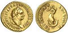 Titus Titus, 79 - 81 n. Chr. Aureus 80 n. Chr. Rom. 7.25 g. Vs.: IMP TITVS CAES VESPASIAN AVG P M, Kopf mit Lorbeerkranz n. r. Rs.: TR P IX IMP XV COS VIII P P, Delfin windet sich um Anker. RIC 110; C