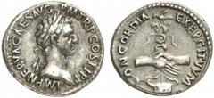 Nerva Nerva, 96 - 98 n. Chr. Denar 96 n. Chr. Rom. 3.45 g. Vs.: IMP NERVA CAES AVG P M TR P COS II P P, Kopf mit Lorbeerkranz n. r. Rs.: CONCORDIA EXERCITVVM, dextrarum iunctio, dahinter Aquila auf Pr