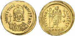 Iustinian I. Iustinian I., 527 - 565 n. Chr. Solidus 552 - 565 n. Chr. in Sizilien. 4.46 g. Vs.: D N IVSTINI-ANVS PP AVG, frontale Panzerbüste mit Helm, Perlendiadem, Schild u. Kreuzglobus. Rs.: VICTO