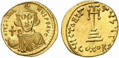 Justinianus II. Justinianus II., 1. Regierung 685 - 695 n. Chr. Solidus 687 - 692 n. Chr. Konstantinopel. 4.37 g. Vs.: D (sic) IVSTINIA-NVS PE AV, drapierte Büste mit Strichbart (sic!), Krone u. Kreuz