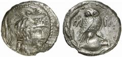 ATTIKA Drachme 86 - 84 v. Chr. 3.78 g. Vs.: Kopf der Athena mit attischem Helm nach r. Rs.: Α-ΘΕ, Eule auf Amphora zwischen zwei Monogrammen. SNG Cop. 293. RR! Tönung, Vs. raue Oberfläche, ss Nach Boe