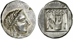 LYKIEN Limyra Drachme 2. Jh. v. Chr. 2.89 g. Vs.: Apollonkopf mit Lorbeerkranz r. Rs.: ΛΥΚΙΩΝ, Kithara zwischen Λ - I. Troxell 50. R! Vs. Kratzer im Feld, vz