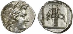 LYKIEN Olympos Drachme 2. / 1. Jh. v. Chr. 2.77 g. Vs.: Apollonkopf r. Rs.: ΟΛΥΜΠΗ, Kithara zwischen Helm und Schild mit Parazonium. Hohes Relief, vz