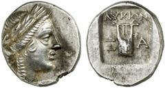 LYKIEN Xanthos Drachme 2. Jh. v. Chr. 2.65 g. Vs.: Apollonkopf mit Lorbeerkranz r. Rs.: ΛΥΚΙΩΝ, Kithara zwischen Χ - A. Troxell 5. R! Partiell Tönung, vz