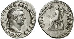 Vitellius Vitellius, 69 n. Chr. Denar April - Dezember. Rom. 3.39 g. Vs.: A VITELLIVS GERMAN IMP TR P, Kopf mit Lorbeerkranz n. r. Rs.: CONCOR-DIA P R, Concordia sitzt mit Patera u. Füllhorn n. l. RIC