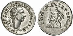 Trajan Trajan, 98 - 117 n. Chr. Denar 98 - 99 n. Chr. Rom. 3.49 g. Vs.: IMP CAES NERVA TRAIAN AVG GERM, Kopf mit Lorbeerkranz n. r. Rs.: PONT MAX TR POT COS II, Abundantia mit Zepter sitzt auf gekreuz