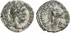 Commodus Commodus, 177 - 192 n. Chr. Denar 184 n. Chr. Rom. 3.69 g. Vs.: M COMMODVS ANTON AVG PIVS, Kopf mit Lorbeerkranz n.r. Rs.: TR P VIIII IMP VI COS IIII P P, Viktoria n.r. stehend schreibt auf S