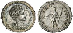 Geta als Caesar Geta als Caesar, 197 - 209 n. Chr. Denar 201 n. Chr. Rom. 3.19 g. Vs.: P SEPT GETA - CAES PONT, drapierte Büste n. r. Rs.: PR-INC IVVENT, Geta mit Speer u. Zweig n. l. RIC 15a; C. 159;