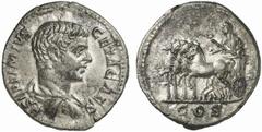 Geta als Caesar Geta als Caesar, 197 - 209 n. Chr. Denar 206 n. Chr. Rom. 3.05 g. Vs.: P SEPTIMIVS GETA CAES, drapierte Büste n. r. Rs.: COS, Geta mit Zepter in Triumphalquadriga n. l. RIC 28; C. 28; 