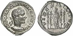 Macrinus Macrinus, 217 - 218 n. Chr. Denar Rom. 3.31 g. Vs.: IMP C M OPEL SEV MACRINVS AVG, Panzerbüste mit Lorbeerkranz n. r. Rs.: FIDES MILITVM, Fides mit je zwei Standarten an jeder Seite n. l. ste