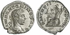 Elagabal Elagabal, 218 - 222 n. Chr. Denar 219 n. Chr. Rom. 3.19 g. Vs.: IMP ANTONINVS AVG, drapierte Büste mit Lorbeerkranz n. r. Rs.: PM TR P II COS II PP, Roma n.l. sitzend hält Viktoria und Speer,