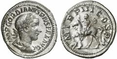 Gordian III. Gordian III., 238 - 244 n. Chr. Denar 240 n. Chr. Rom. 2.55 g. Vs.: IMP GORDIANVS PIVS FEL AVG, drapierte Panzerbüste mit Lorbeerkranz n. r. Rs.: P M TR P III COS P P, Gordian reitet auf 