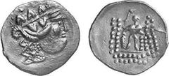 KELTEN MITTLERE UND UNTERE DONAU Nachahmungen der Tetradrachmen von Thasos Objekt-Nr.: 1036 Klasse V: Punktlegende Tetradrachme, (16,38 g.), Vs.: Sehr stark stilisierter Kopf des Dionysos n. r. Rs.: S