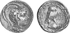 GRIECHEN BIS KRETA ATTIKA Athen Objekt-Nr.: 1356 Tetradrachme des Neuen Stils (16,34 g.), 86 - 84 v. Chr. Vs.: Kopf der Athena mit attischem Helm nach r. Rs.: A-QE, Eule auf Amphora zwischen zwei Mono