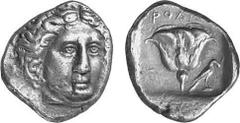 GRIECHEN AB KÖNIGREICH BOSPORUS KARISCHE INSELN RHODOS Objekt-Nr.: 1467 Tetradrachme, (15,16 g.), ca. 408/7 - 405/4 v.Chr. Vs.: Kopf des Helios leicht nach r. gewandt. Rs.: Rose, darüber RODION, r. im