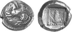 GRIECHEN AB KÖNIGREICH BOSPORUS LYKIEN UNBESTIMMTER DYNAST Objekt-Nr.: 1480 Diobol (1,30 g.), ca. 460 - 440 v. Chr. Mzst. unbestimmt. Vs.: Pegasos n. l. Rs.: Vertieftes quadratisches Feld mit Perlrahm