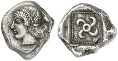 GRIECHEN LYKIEN Teththiveibi Stater (7,78g). 450 / 420 v. Chr. Vs.: Weiblicher Kopf n. l. Rs.: "tetthiweibi", Tetraskeles in vertieftem Quadrat. Traité 332 (Var.); Müseler - Nollé V 37. RR! Attraktive