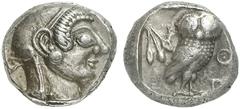 GRIECHEN ATTIKA ATHEN Tetradrachme (16,82g). 500 - 483 v. Chr. Vs.: Athenakopf mit attischem Helm n. r. Rs.: AΘE, Eule n. r. Dahinter Olivenzweig. Svoronos Taf. 3 ­ 5; Seltman Group G; SNG Cop. 16; SN