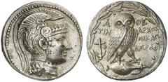 GRIECHEN ATTIKA ATHEN Tetradrachme des Neuen Stils (16,73g). 134/133 v. Chr. Vs.: Kopf der Athena mit attischem Helm nach r. Rs.: A-ΘE, Eule auf Amphora, Beamte: TIM-AΡX / NIKAΓO / ΔOΡOΘ. Auf der Amph