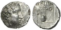 GRIECHEN LYKIEN LYKISCHER BUND Rhodiapolis Drachme (2,68g). 2. Jh. v. Chr. Vs.: Apollonkopf mit Lorbeerkranz r. Rs.: ΛΥKIΩN, Kithara zwischen P - O, l. Stab. Troxell 40. R! Feine Tönung, etwas dezentr
